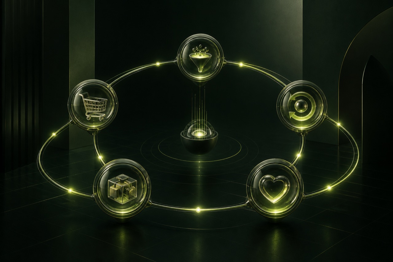 A connected orbital system representing acquisition, conversion, retention, loyalty and operations