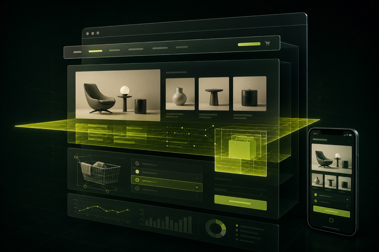 A layered ecommerce storefront being examined across desktop, mobile and commercial measurement